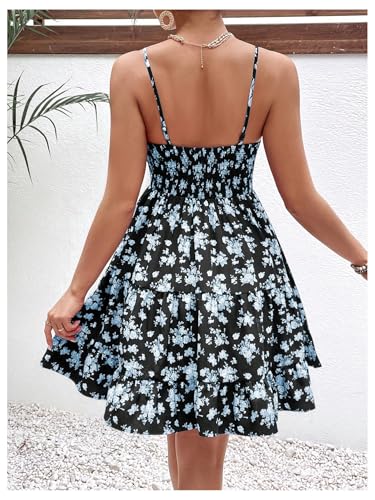 Image of Verdusa Women's Floral Print Dress Cute Summer Mini Dresses Ruched Sleeveless Ruffle Hem A Line Cami Sundress