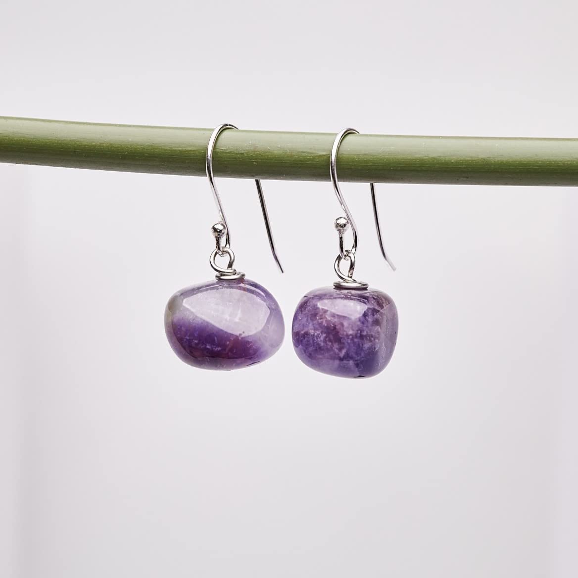 Boucles d'oreilles en perles de pierre naturelle faites à la main pour femme avec crochets en argent sterling - Idées cadeaux pour femme (Amethyst)