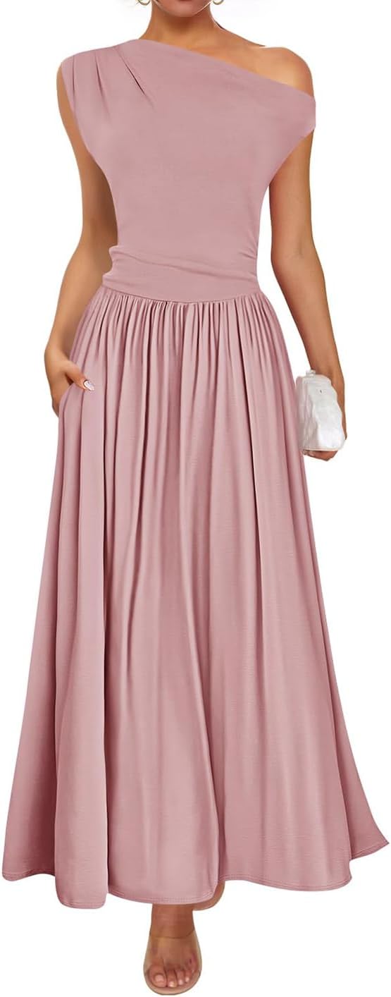 ZESICA Women's Summer 2025 Sleeveless Maxi Dress One Shoulder Casual Slim Swing Pleated Formal Dresses with Pockets