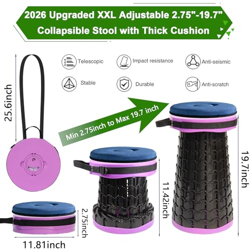 Image of 2026 Upgraded XXL Collapsible Stool with Thick Cushion,19.7 inchH-11.8 inchD Telescoping Folding Stool for Adults, More Sturdy Camping Stools with Load Capacity 1000lbs for Outdoor,Garden,Fishing,Hiking