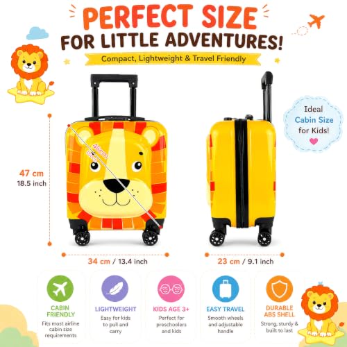 Image of Storite 18In Kids Luggage Trolley Hard Shell Cabin Suitcase | Cartoon Lion Face Design Suitcase Ideal For School Trips Vacations Holidays And Weekend Travel (Yellow - 35 x 23 x 38 Cm)