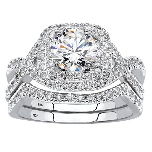 Platinum over Sterling Silver Round Cubic Zirconia 2 Piece Crossover Halo Bridal Ring Set Size 7