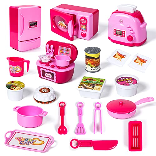 Kitchen Appliances Toy,Kids Kitchen Pretend Play Set,Toaster,Microwave Oven,Refrigerator,Cooking Bench with Realistic Light and Sounds,Cooking Toys Accessories Play Kitchen Set for Kids Boys Girls