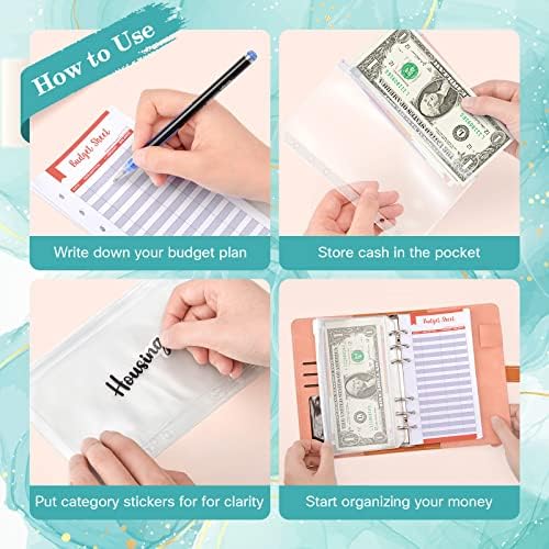 Cooyou 30 Pack Budget Envelope Binder Set, A6 PU Leather Budget Binder with 12 Budget Sheets 10 Clear Zippered Pockets 1 Ruler 2 Stickers for Budget Planner, Pink