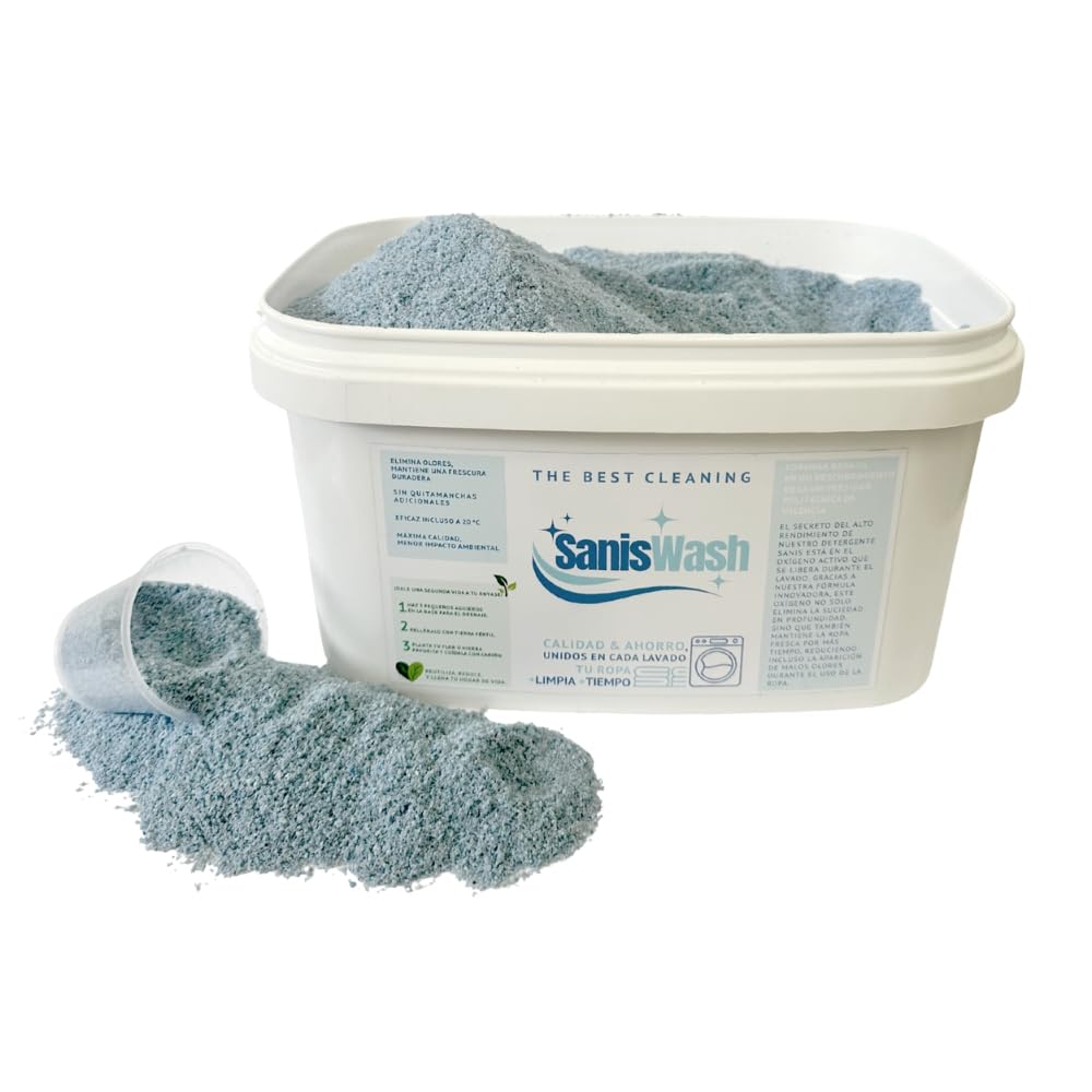 SanisWash, Detergente en Polvo con Oxígeno Activo, Detergente para Lavadora, Eficaz Incluso a 20º, Elimina el Olor en la Ropa Deportiva, Ropa Limpia y Fresca, 165 Lavados, 5Kg