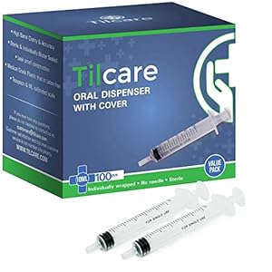 10ml Oral Dispenser Syringe with Cover 100 Pack by Tilcare – Sterile Plastic Medicine Droppers for Children, Pets & Adults – Latex-Free Medication Syringe – Syringes for Glue and Epoxy