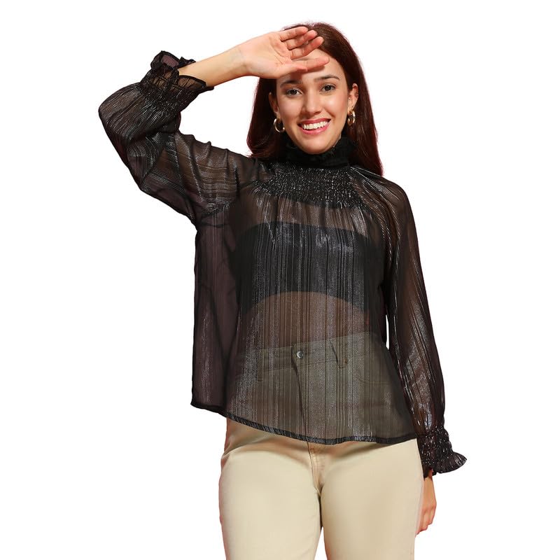 Image of oxolloxo Women Round High Neck Long Sleeve Semi Sheer Top