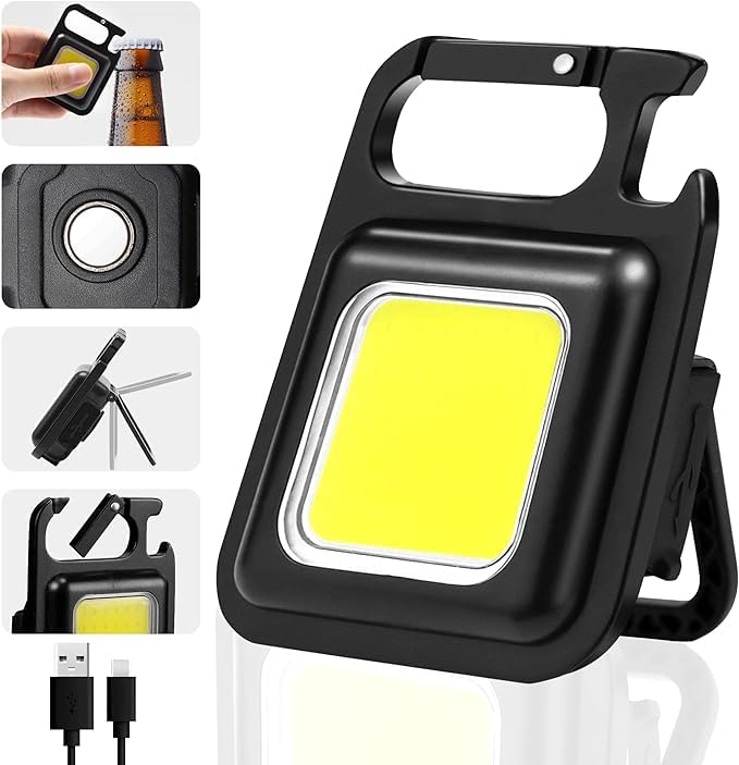 2 Pack, COB Rechargeable 4 Mode LED 800 High Lumens Small Keychain Magnetic Work flashlight with Folding Bracket Bottle Opener Portable Pocket light for Camping Walking Hiking Fishing Camping