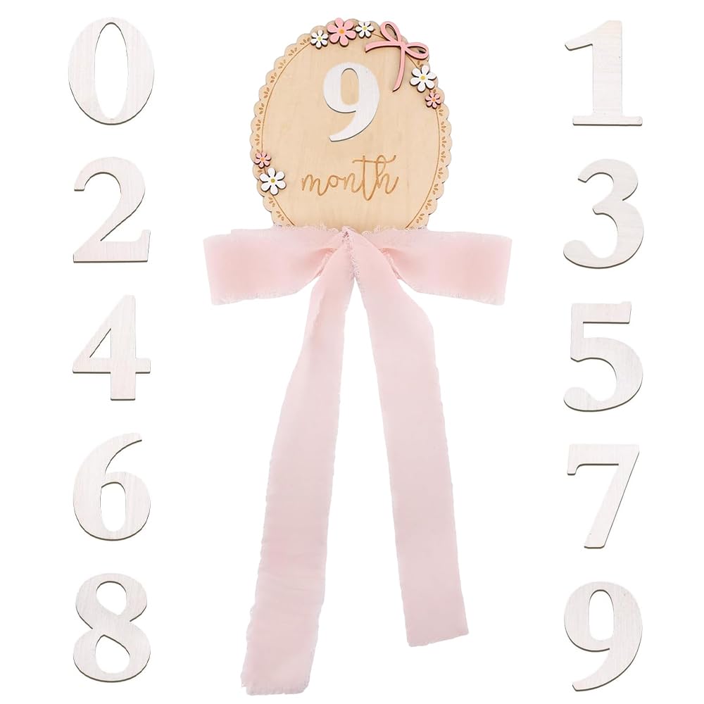 Wooden Baby Monthly Milestone Sign, 0-12 Months Newborn Milestone Cards with 3D Flower Designs and Pink Ribbon, Ideal Photo Prop for Recording Baby Monthly Growth (Pink)