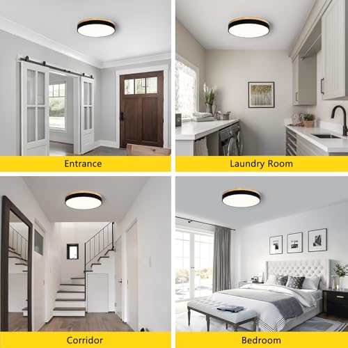 Image of Modern Wood Black Flush Mount Ceiling Light 15.75 Inch