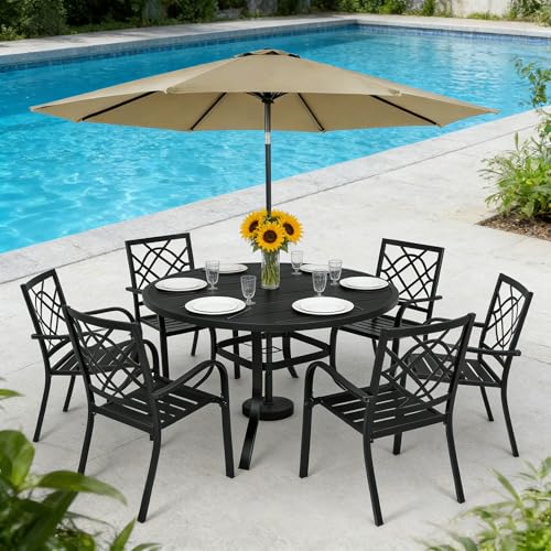 Image of SUNCROWN 8-Piece Outdoor Wrought Iron Chairs and Table Patio Dining Furniture Set-6 Stackable Metal Chairs, 1 53 inch Round Bistro Table and 1 Brown 9Ft Patio Umbrella for Garden Backyard Deck