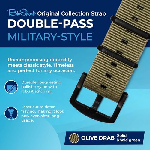 Image of BluShark - Original Collection Military-Style Waterproof Watch Strap, Fits All Timepiece Brands, Durable Nylon Wristwatch Accessories with Stainless Steel Buckle - 18mm, 20mm, 22mm & 24mm Watch Bands