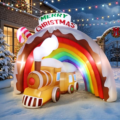9.1 Ft Christmas Train Inflatable with Rainbow Tunnel and Built-in LED Lights, Blow Up Decoration...