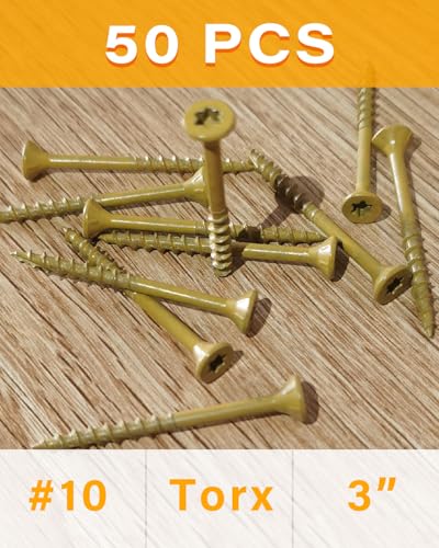 Image of IMSCREWS 50 Pcs #10 x 3 Inch Deck Screws - Star Drive Wood Screws, Tan Epoxy Coated Exterior Construction Fasteners for Fence, Decks & Treated Lumber - Self-Tapping, Rust Resistant (No Bit)