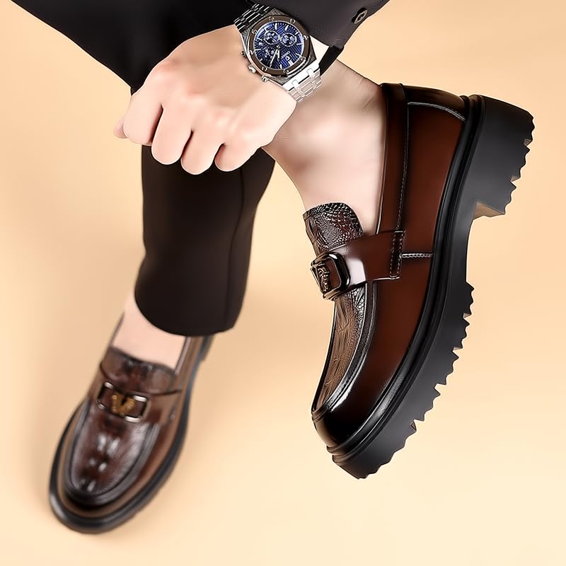 Men's Luxury Genuine Leather Thick-Soled Penny Loafers Fashionable Round Toe Thick Heels Suitable for Business Formal Shoes Classic Non-Slip Party Wedding Dance4