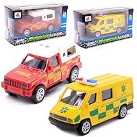 Toy Cars, 2 Pcs Model Car Rescue Play Vehicles Ambulance Fire Engine Children's Pull Back Vehicles Toys Emergency Vehicle Toys Cast Model Automobile for Children's Playtime and Birthday Party Gifts