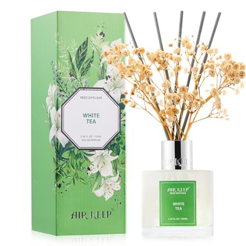 Image of Airkeep Reed Diffuser Set,3.38 fl oz (100 ml) - White Tea Oil Diffusers with 8 Reed Sticks, Home Fragrance Reed Diffuser for Bathroom Shelf Decor