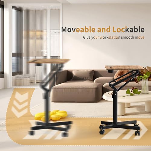 JOY worker Mobile Standing Desk, 28 inch Small Height Adjustable Rolling Laptop Desk, Portable Sit Stand Desk with Lockable Wheels, Ergonomic Desktop Table for Home Office, Rustic Brown