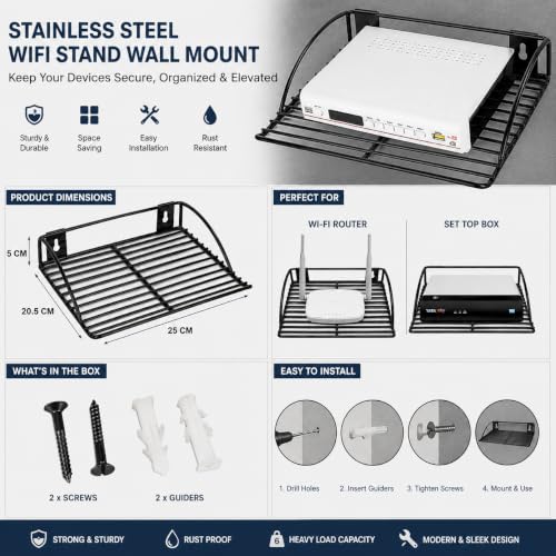 Image of Premium Stainless Steel Setup Box Stand, Black WiFi Router Holder Steel Wall Shelves, Setup Box for Home, Stylish TV Cabinet Living Room FurnitureWall Shelf Rack, Router Wall Mount (Black-1)