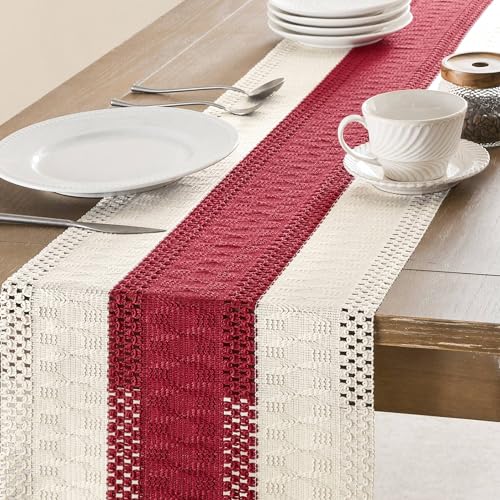 Image of ZeeMart Macrame Style Bicolor Stitching Table Runner, 14 x 36 Inch Red /Ivory, Boho Table Runners 36 Inches Long, Farmhouse Woven Home Decor