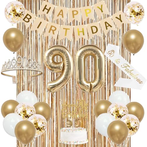Image of Trgowaul 90th Birthday Decorations for Women, Banner, Sash and Crown, Cake Topper, 90 Number Balloon, Fringe Curtains, Champagne Gold 90th Birthday Party Supplies