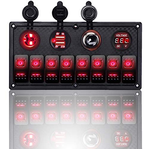 MKING 6 Gang / 8 Gang Circuit LED Car Marine Waterproof Boat Rocker Switch Panel with Fuse Dual USB Slot LED Light Power Socket Breaker Voltmeter for RV Car Boat (RED/Green/Blue)