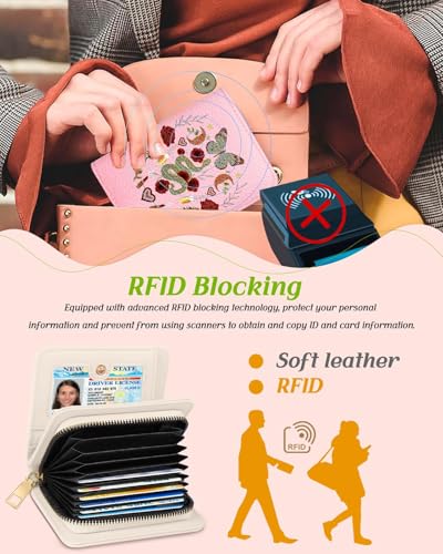 Image of Bistup Leather 12 Slot Accordion Card Holder Wallet, Butterfly Moon | Accordion Storage, Zipper Around Closure, Compact Patterned Wallet for IDs, Cards, Cash, Daily Carry and Gifts