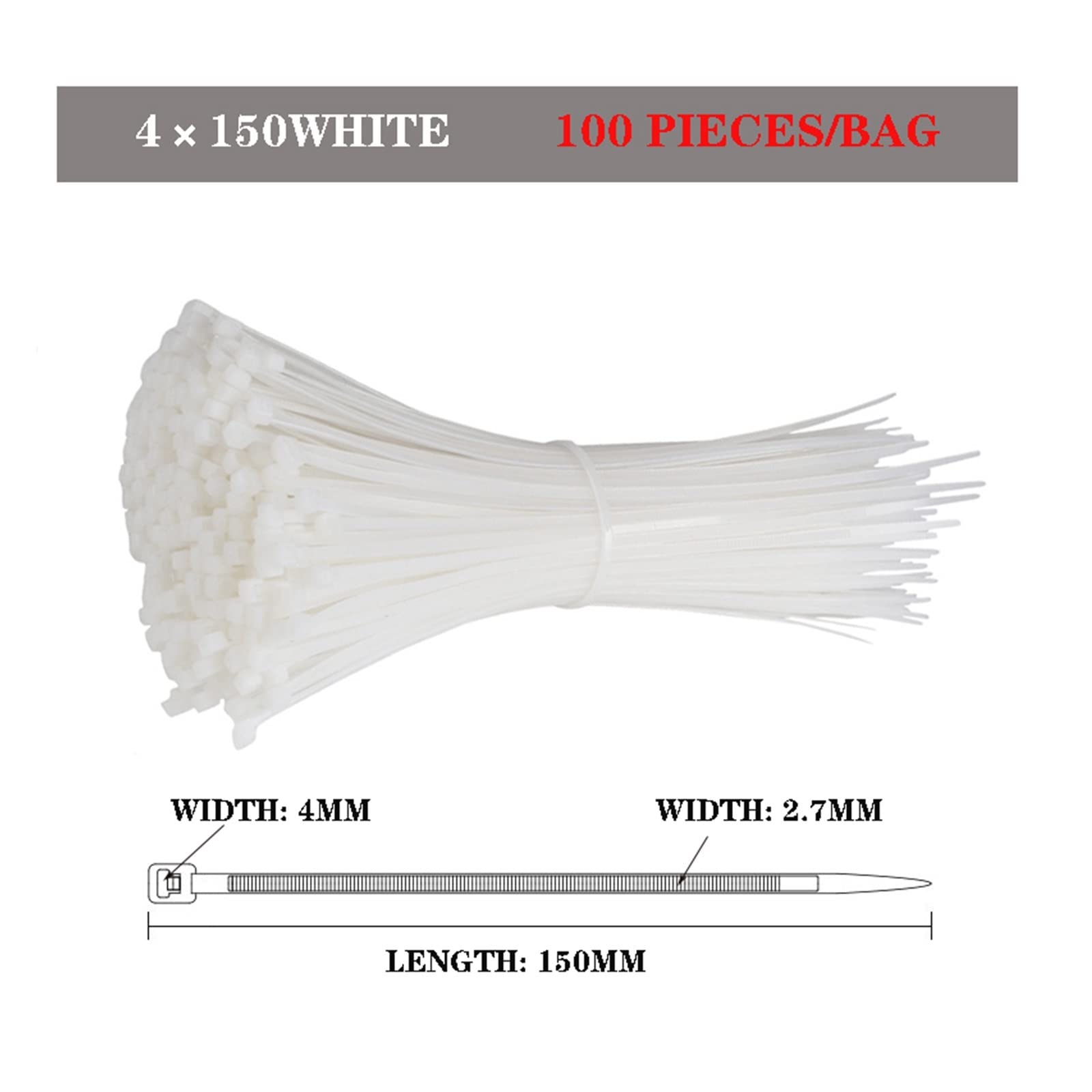 Hebilla de nailon para sujetacables, bridas de nailon autoblocante, 3-5 mm x 60-300 mm, 100 unidades (4 x 300)