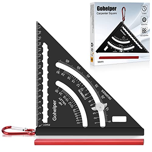 Equerre Menuisier Multi Fonctions 180 mm Metal Équerre Charpentier Metrique Aluminium avec Mousqueton Crayon équerre menuisier 45 90 Degres Outillage bois Équerre de Charpentier Cover