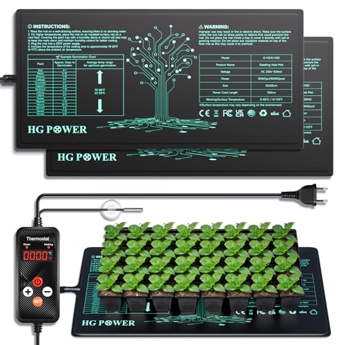 HG Power Estera Térmica con Termostato, 2 Alfombras Calefactoras con 1 Controlador, Manta Termica Plantas para Mini Invernadero, Hidroponia, Huerto Interior, Pack de 2, 53 cm x 25 cm, 110W