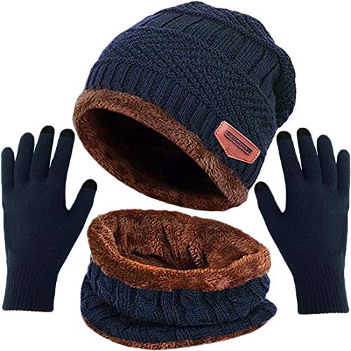 T WILKER 3 Pcs Winter Knit Beanie Hat Neck Warmer Scarf and Touch Screen Gloves Set for Men Women Fleece Lined Skull Cap Thick Soft Scarf and Knit Gloves (3 Pcs Navy Blue)