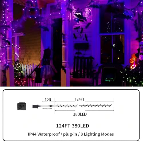 FLVOECN 380 LED 124FT Purple Halloween Lights Timer 8 Modes - image 3
