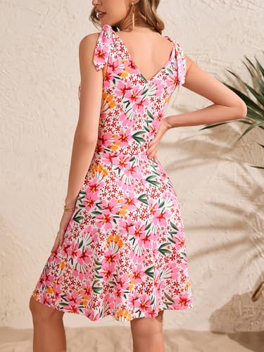 Image of HUHOT Women's Summer Floral Sundress 2025 Sleeveless Tie Shoulder V Neck Flowy A-line Elastic Waist Ruffle Mini Dresses