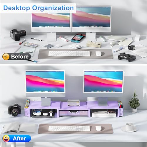 gianotter Dual Monitor Stand Riser, Desk Organizer With Drawer and 2 Pen Holders, Desk Organizers and Accessories, Purple Office Decor (Purple) - Image 3
