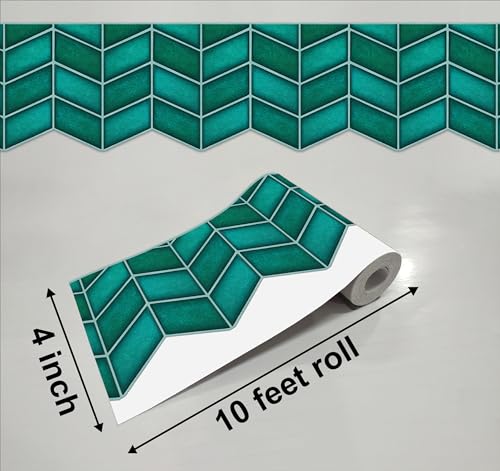 Image of WallDesign AquaGreen Chevron Tile Sticker - 4 in X 10 Feet Self-Adhesive Durable Border Roll for Bathroom, Kitchen, Counter, Wall, Home Decoration