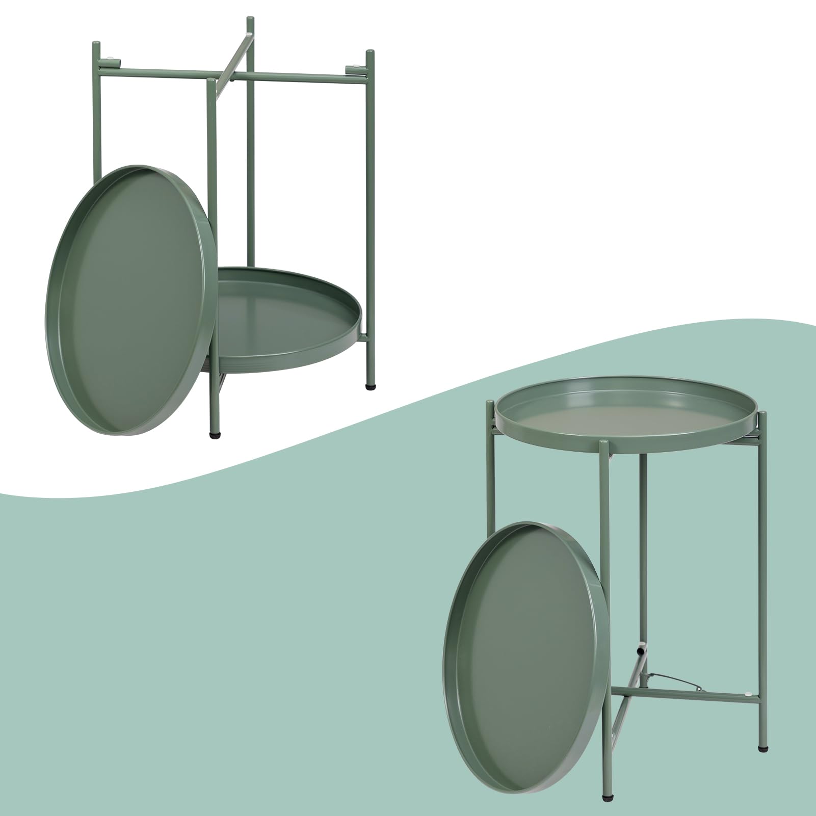 HollyHOME Tavolino Rotondo Piccolo Tavolino Salotto Metallo Tavolino Basso 2 Ripiani Comodino Camera da Letto Tavolino da Divano per Soggiorno Balcone Patio, Verde
