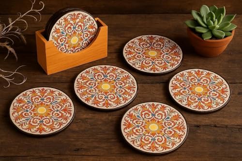 Image of Coaster Set, Tea Coasters Set of 6 for Coffee Mugs & Glasses, Coasters for Dining Table for Hot Pots, Indian Gifts for Foreigners, Wooden Coasters with Stand Bamboo Heat Resistant Pads