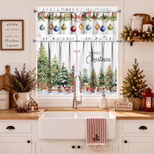 Image of Christmas Tree Kitchen Curtains 3 Piece Set Tier Valance