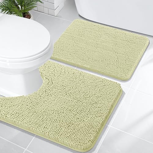 Image of OLANLY Bathroom Rugs Sets 2 Piece, Soft Absorbent Chenille Bath Mats and U-Shaped Contour Toilet Mat Area Rug Set, Machine Washable Bath Carpet, Home Decor Accessories(24 inchx16 inch+24 inchx20 inch, Vanilla)