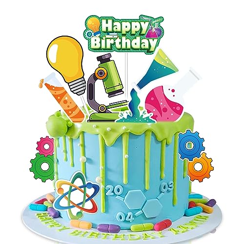 JUYRLE Science Cake Toppers - 21Pcs Mad Scientist Chemistry Theme Party Decorations with Microscope, Science Party Favors for Boys & Girls