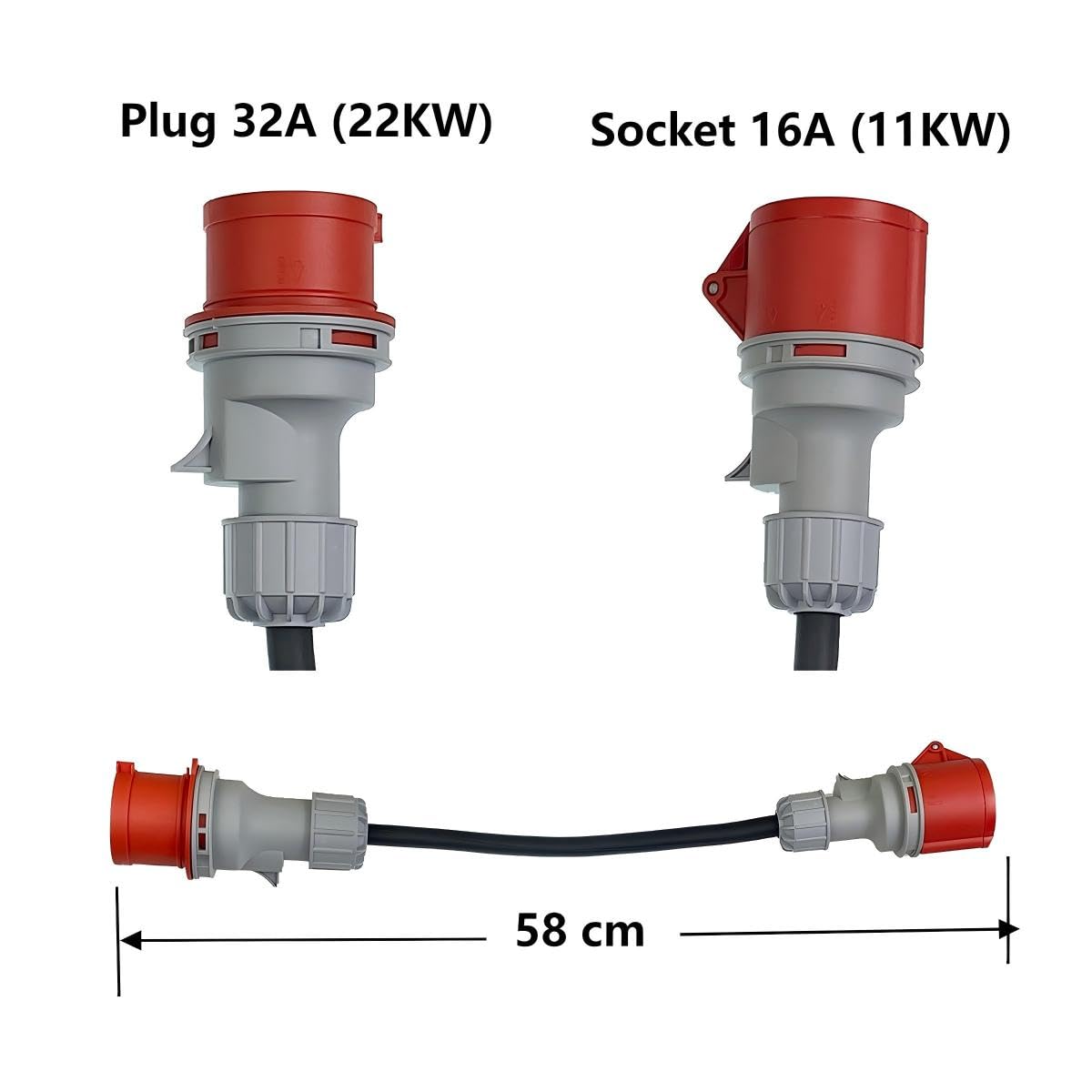 CEE Adapter 32A Stecker auf 16A Steckdose mit Schutzabdeckung, 3 Phasen, 5 polig, IP44 wasser- und staubgeschützt, tragbar, geeignet für den industriellen und privaten Gebrauch (32-16)