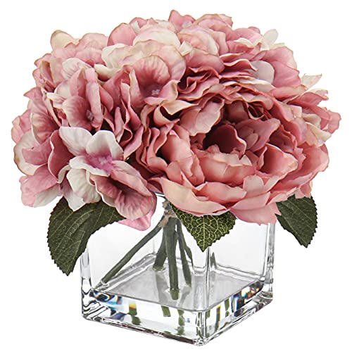 Briful Fake Flowers in Vase Silk Peony Hydrangea Flowers with Faux Water for Home Wedding Party Decoration Artificial Flowers Peony Hydrangea in Glass Pots for Table Centerpieces