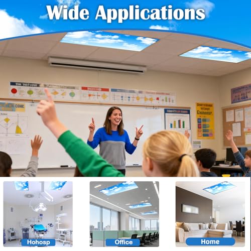 Image of ANGSYLTH 8 Pcs Fluorescent Light Covers - 4 x 2 Feet Covers for Ceiling Lights, 8 x 10 Magnetic Light Filters for Classroom, Office, Hospitals (Blue Skies & White Clouds)