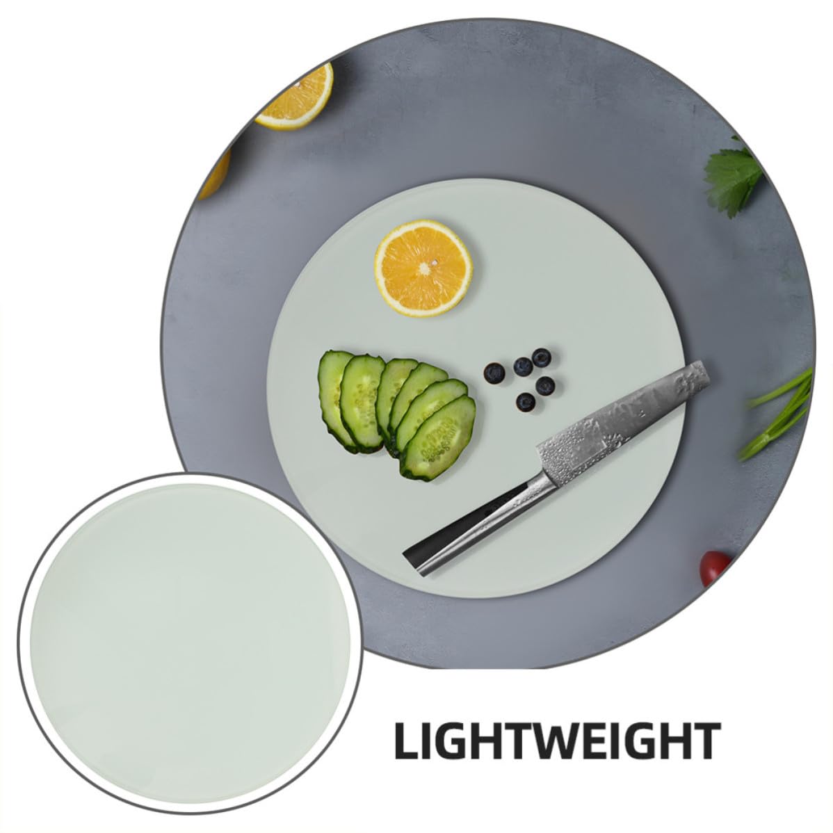 VOSAREA Planche à Découper Ronde Verre Trempé Planche de Cuisine Résistante Chaleur Plateau de Découpe Multifonctionnel pour Légumes Viande et Fruits Surface Facile à Nettoyer