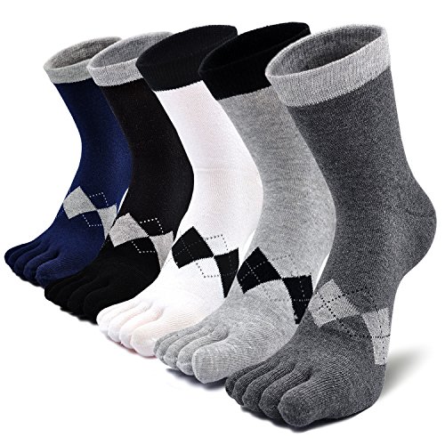 Mens Toe Socks Five Finger Cotton Athletic Running Ankle Crew Sock (one size 7-11, square mixed color-5 pairs)