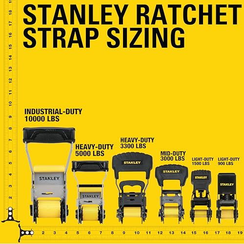 STANLEY S10074 Spanngurte mit Ratsche, 3,8 cm x 4,9 m, für schwere Ladungen (1.500 kg Bruchfestigkeit), Schwarz/Gelb, 4 Stück – Ansicht 3