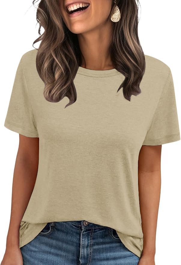 Cuptacc Tshirt Damen Sommer Basic Shirt Oberteile Damen Rundhals Kurzarm Einfarbig Casual Top Beige XXXL