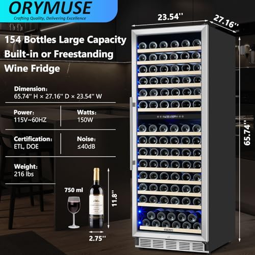ORYMUSE Dual Zone Wine Fridge Freestanding 154 Bottle, 24 Inch Large Capacity Built-in Wine Cooler Refrigerator with Upgraded Compressor Cooling and Intelligent Temperature Memory