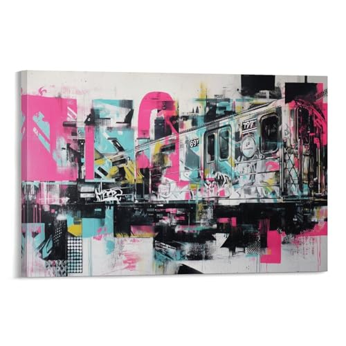 Graffiti sur les wagons de métro tableau sur toile lavable et durable pour décoration murale
