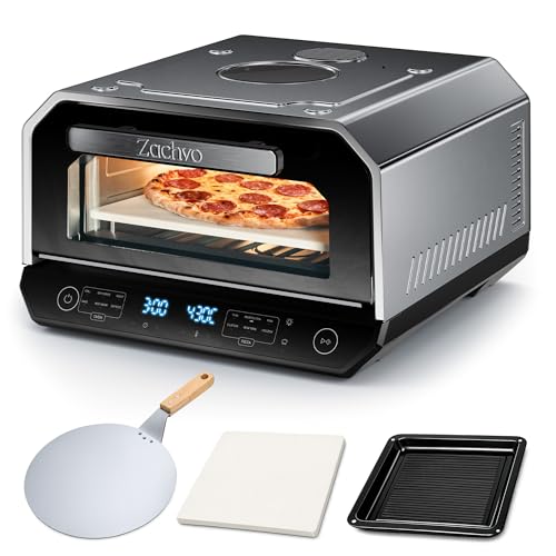 Pizzaofen Elektrisch 450C Neapolitanische Pizza in 90 Sek Sichtfenster & Innenbeleuchtung 6 Programme & 6 Kochmodi Profi-Koch-Modus Pizzaschaufel & Pizzastein & Backblech Silber